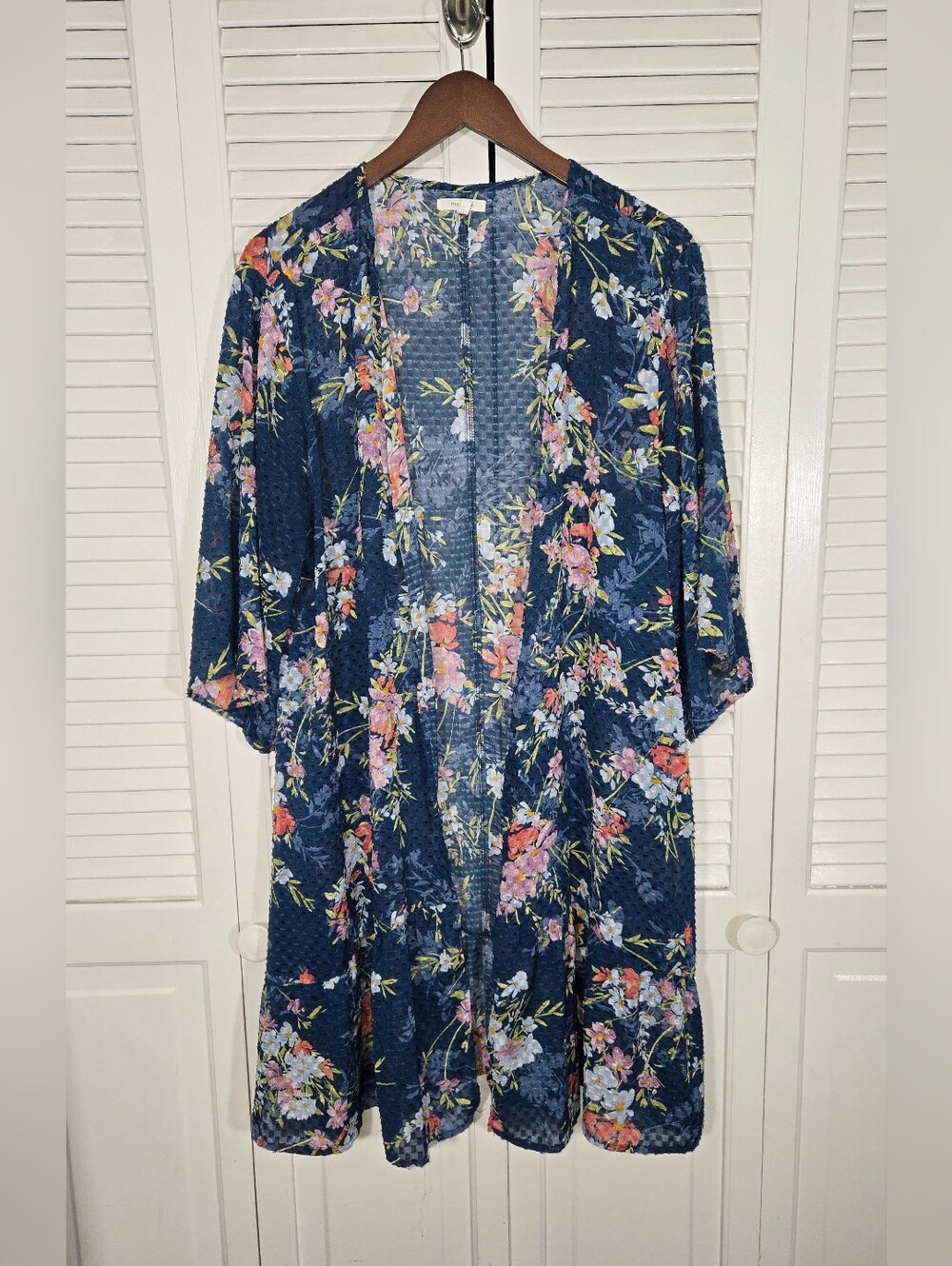 Maurices Navy Floral Sheer Boho Open Front Ruffle Tiered Kimono Cardigan Sz XL